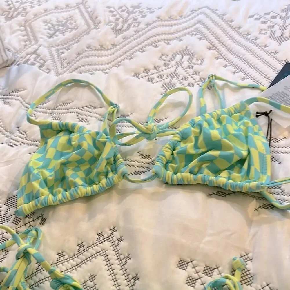 NWT (Free People) It’s Now Cool lime wave cheque string bikini top